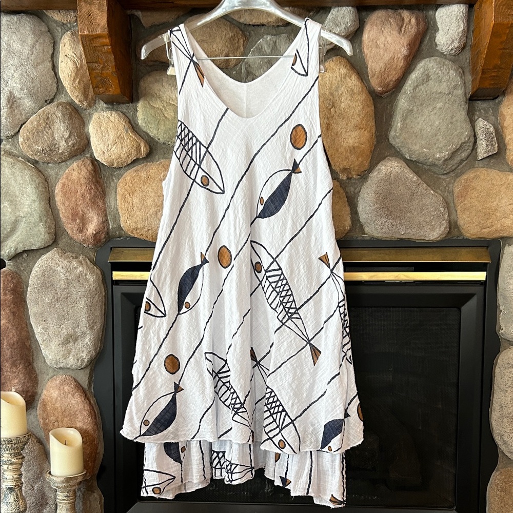 Women's White Fish Print Layered Midi Sleeveless Sundress, Size M